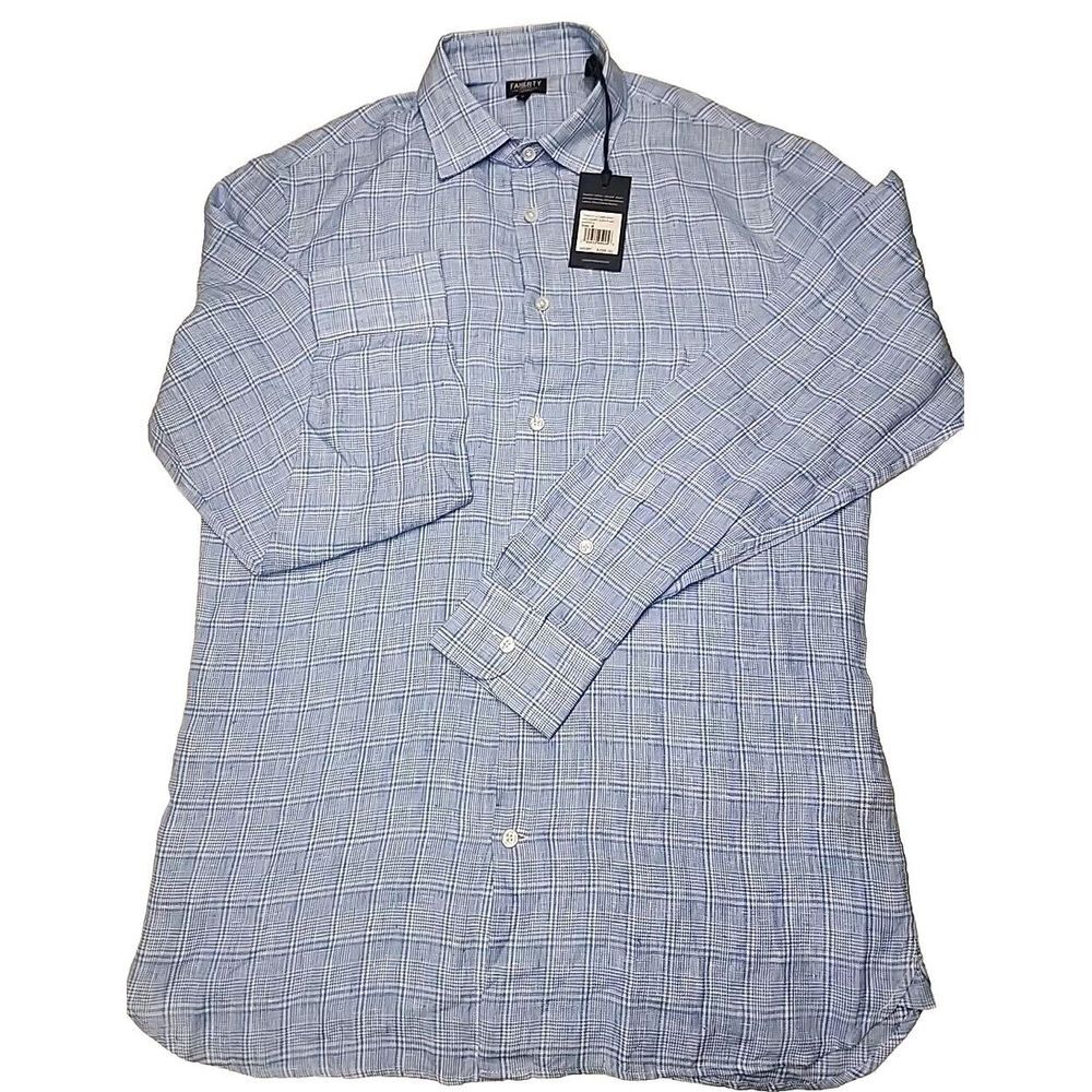 $228 Faherty Reserve Linen Mens Medium Long Sleeve Blue Plaid Button Up Shirt